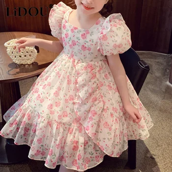 2023 Новое Корейское Модное Летнее платье Для девочек, Винтажное Милое Кавайное Милое Элегантное Цветочное Свободное Повседневное Детское Платье с квадратным вырезом