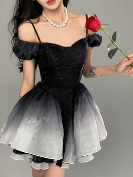 Черное Элегантное вечернее мини-платье, Женское Платье Принцессы с пышными рукавами, Милое Платье с бантом, Французское винтажное платье с открытой спиной, Лето 2023