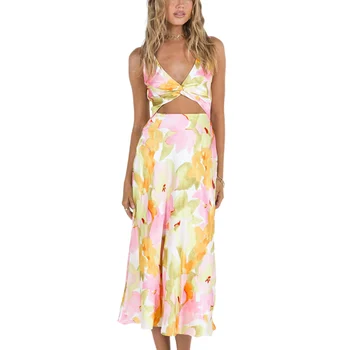 Женское Летнее Длинное платье без рукавов с V-образным вырезом и узлом Спереди, с цветочным принтом, Пляжное платье-качели