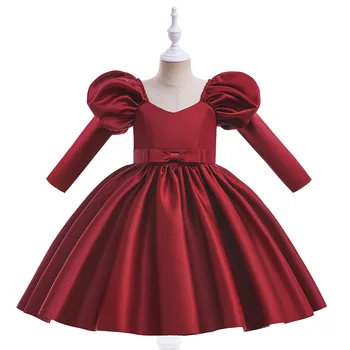 Платья с V-образным вырезом и красными рукавами-фонариками для девочек, свадебные платья, детское вечернее атласное платье для Вечеринки в честь Дня рождения, детская одежда Принцессы, Vestidos