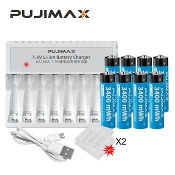 PUJIMAX Перезаряжаемая Литиевая батарея AA1.5V 3400mWh + 8-слотное Умное зарядное устройство с кабелем Micro USB Для Будильника, Фонарика