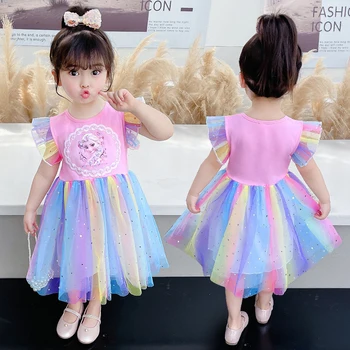 Праздничное платье Эльзы для девочек, летние Детские платья Принцессы с развевающимися рукавами и мультяшным принтом, от 1 до 6 лет, детская одежда с радужной сеткой, Замороженная одежда